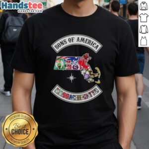 Alt Text: Official Son Of America Massachusetts Map T-Shirt featuring sports logos, perfect for fans and collectors.