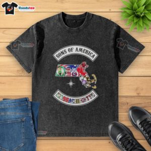 Official Son of America Massachusetts map sports logos combine washed t-shirt showcasing local pride and style.