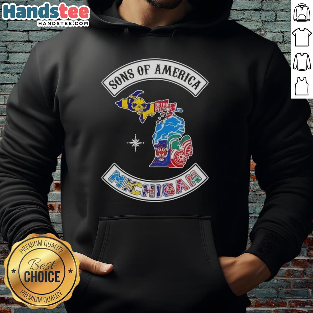 Alt Text: Official Son of America Michigan Map Sports Logos Combine Hoodie showcasing vibrant Michigan-themed designs.