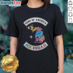 Official Son of America Michigan map sports logos combine ladies tee showcasing vibrant designs and state pride.