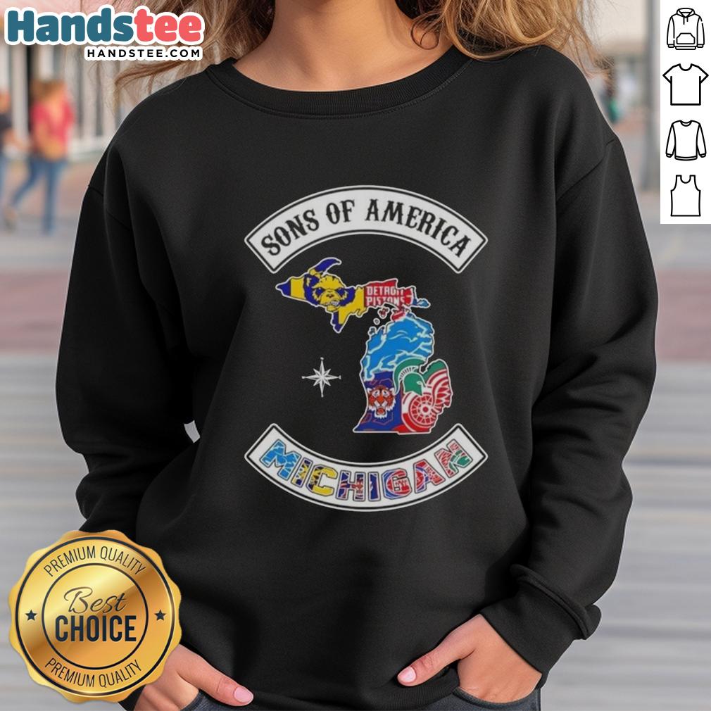 Official Son of America Michigan map sports logos combine sweatshirt in vibrant colors, perfect for fans and sports lovers.