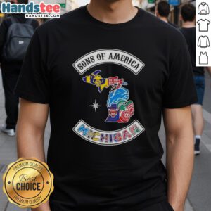 Alt Text: Official Son Of America Michigan Map Sports Logos Combine T-Shirt showcasing vibrant graphics and state pride.