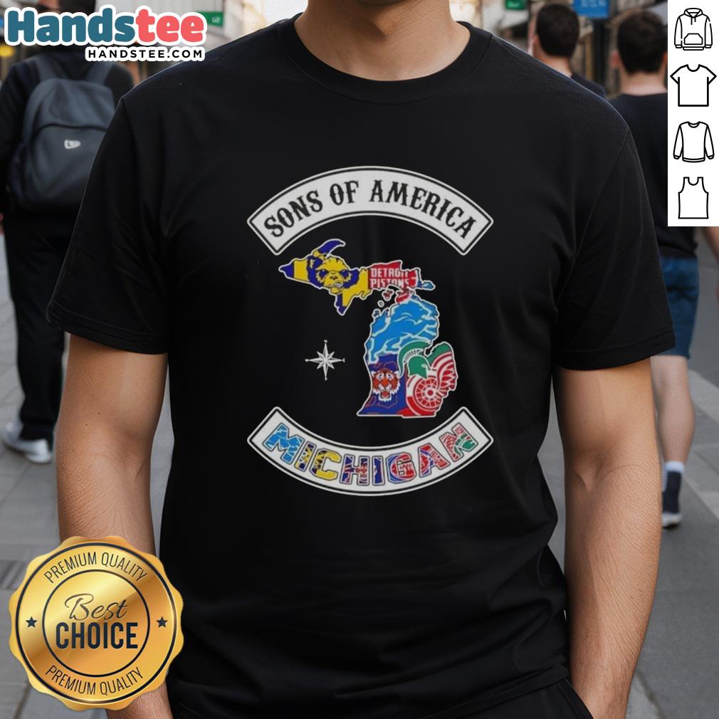 Alt Text: Official Son Of America Michigan Map Sports Logos Combine T-Shirt showcasing vibrant graphics and state pride.