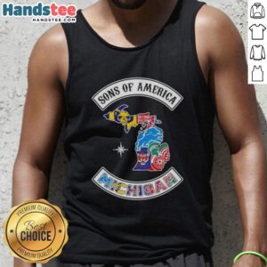 Official Son of America Michigan map tank top featuring sports logos, perfect for fans of Michigan pride and style.