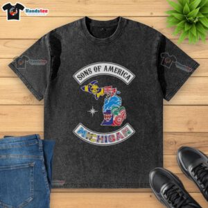 Official Son of America Michigan Map Sports Logos Combine Washed T-Shirt featuring vibrant graphics and a comfortable fit.