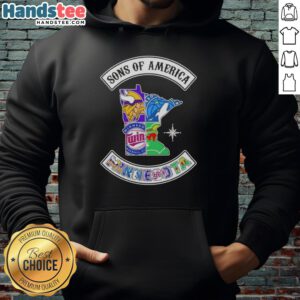 Official Son of America Minnesota Map Sports Logos Combine Hoodie showcasing unique sports team graphics and state pride.