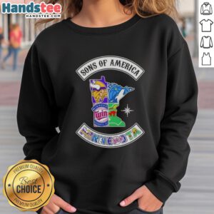 Alt Text: Official Son of America Minnesota Map Sports Logos Combine Sweatshirt featuring vibrant team graphics and state outline.