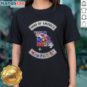 Alt Text: Official Son of America Missouri map with sports logos on a ladies tee, perfect for sports fans and Missouri pride.