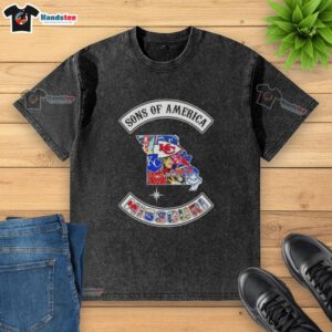 Official Son of America Missouri map sports logos combine washed t-shirt showcasing state pride and team spirit.