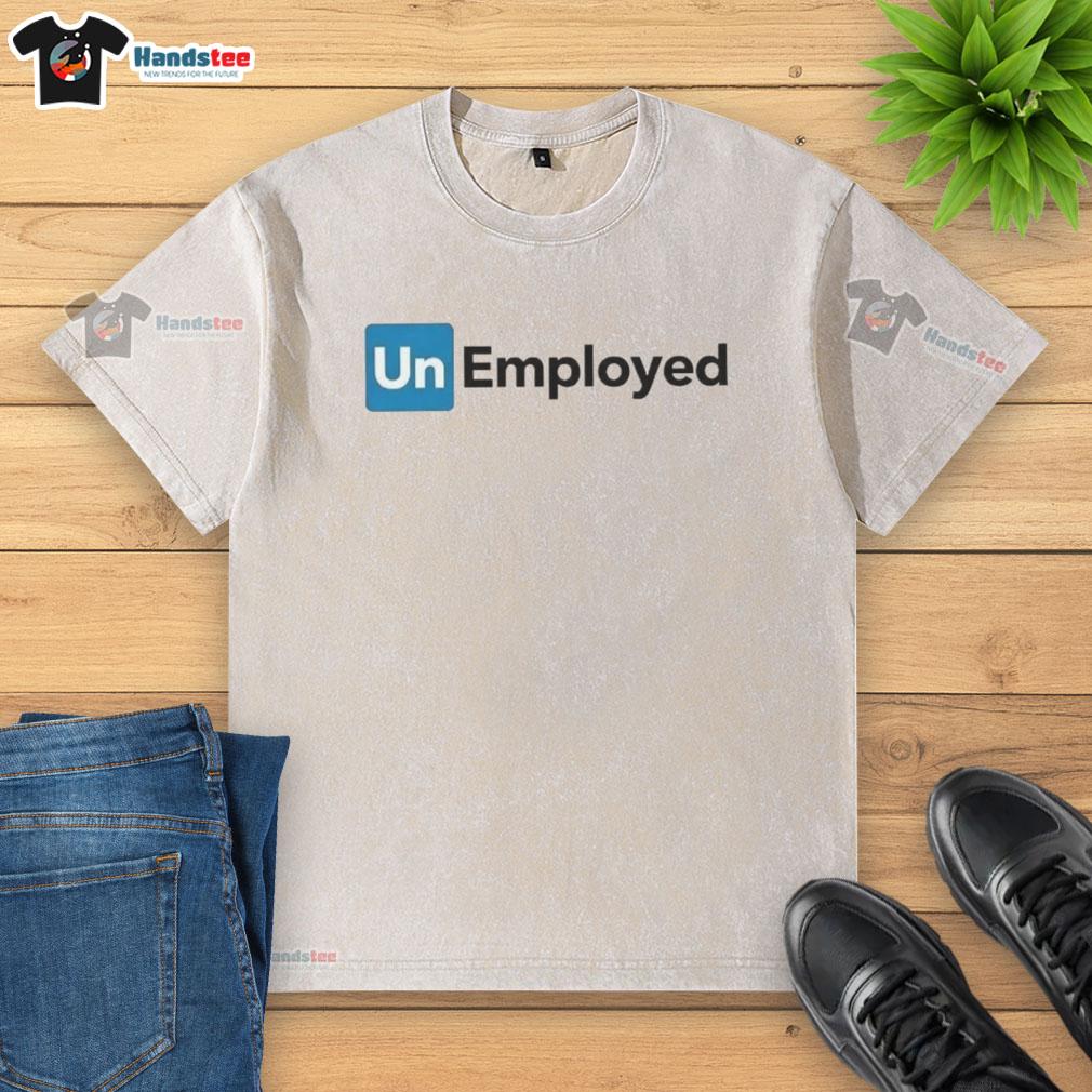Official Unemployed logo on a washed t-shirt, showcasing a stylish and casual look for the unemployed community.