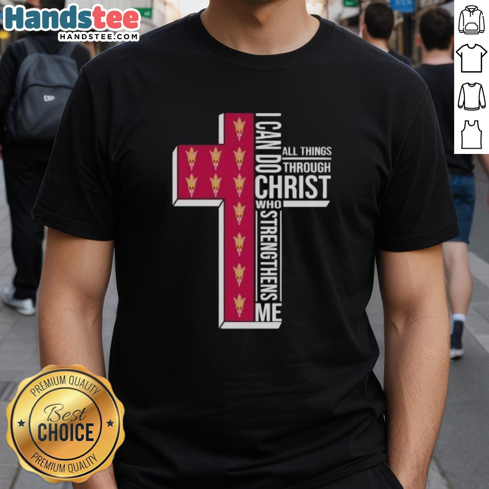 Alt Text: Arizona State Sun Devils women's basketball 'I Can Do All Things Through Christ' t-shirt in bold design.