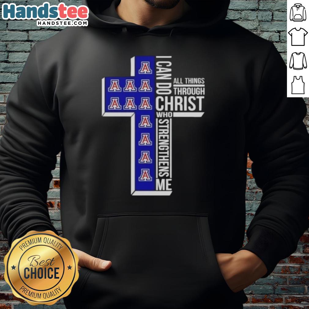 Alt Text: Arizona Wildcats women's basketball hoodie featuring 'I Can Do All Things Through Christ' motivational quote.