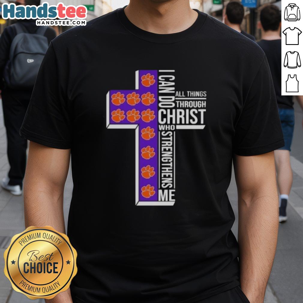 Original Clemson Tigers Women's Basketball Cross T-Shirt featuring 'I Can Do All Things Through Christ Who Strengthens Me' design.