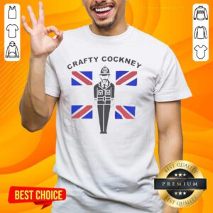 Alt Text: Premium Eric Bristow Crafty Cockney T-Shirt featuring a British flag design, perfect for darts fans and collectors.