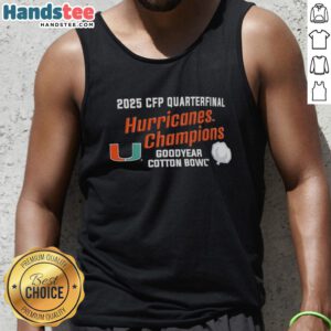 Premium Miami Hurricanes 2025 CFP Quarterfinal Cotton Bowl Champions tank top featuring vibrant team colors and logo.