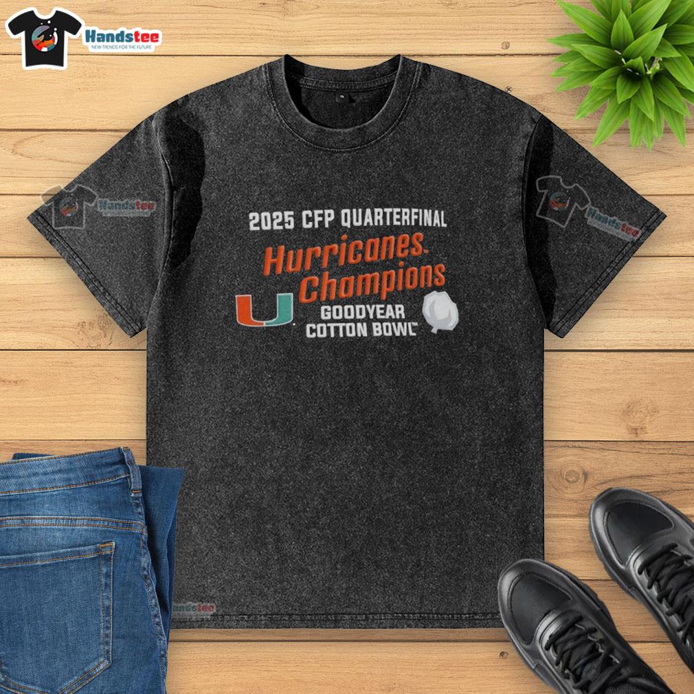 Premium Miami Hurricanes 2025 CFP Quarterfinal Cotton Bowl Champions washed t-shirt in vibrant colors, showcasing team pride.