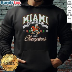 Premium Miami Hurricanes College Football Playoff Cotton Bowl Champions 2025 hoodie featuring team mascot design.