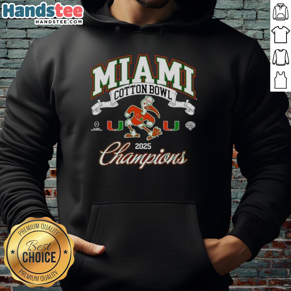 Premium Miami Hurricanes College Football Playoff Cotton Bowl Champions 2025 hoodie featuring team mascot design.