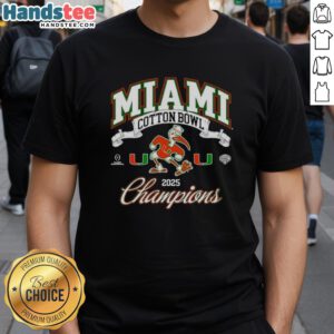 Alt Text: Premium Miami Hurricanes Cotton Bowl Champions 2025 T-Shirt featuring the team's mascot for college football fans.