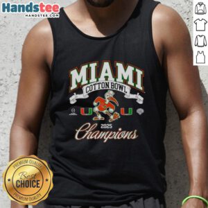 Premium Miami Hurricanes College Football Playoff Cotton Bowl Champions mascot tank top for 2025 season.