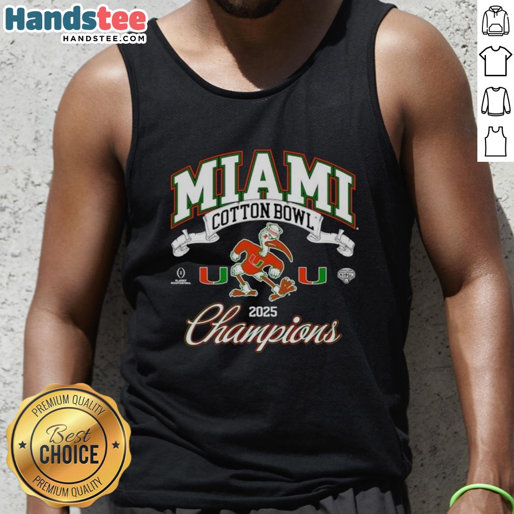 Premium Miami Hurricanes College Football Playoff Cotton Bowl Champions mascot tank top for 2025 season.
