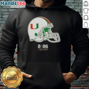 Premium Miami Hurricanes Football 2026 National Championship Helmet Hoodie featuring team colors and logo.