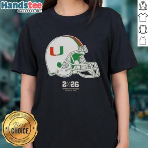 Premium Miami Hurricanes Football 2026 National Championship helmet graphic on ladies tee shirt, perfect for fans.