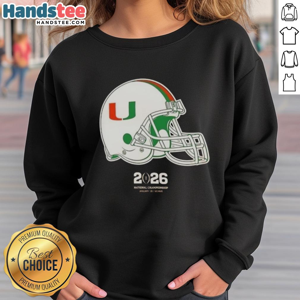 Alt Text: Premium Miami Hurricanes Football 2026 National Championship helmet sweatshirt showcasing team spirit and style.