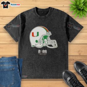 Premium Miami Hurricanes Football 2026 National Championship Helmet Washed T-Shirt featuring team logo and vibrant colors.