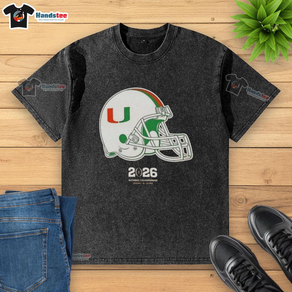 Premium Miami Hurricanes Football 2026 National Championship Helmet Washed T-Shirt featuring team logo and vibrant colors.