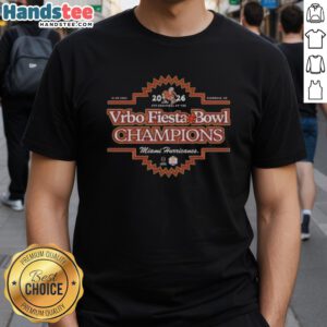 Alt Text: Premium Miami Hurricanes Football Team 2026 Vrbo Fiesta Bowl Champions T-Shirt featuring vibrant team colors and logo.