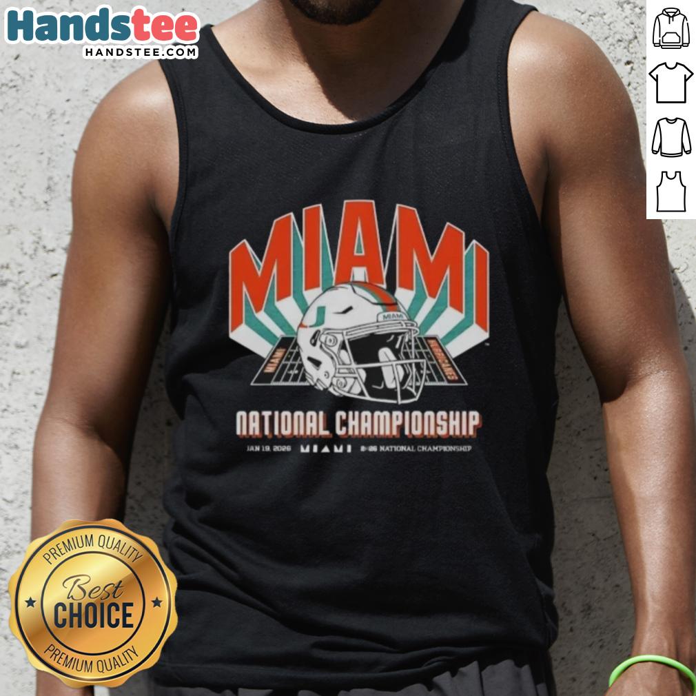 Premium Miami Hurricanes 2026 CFP National Championship Game helmet tank top featuring Indiana Hoosiers design.