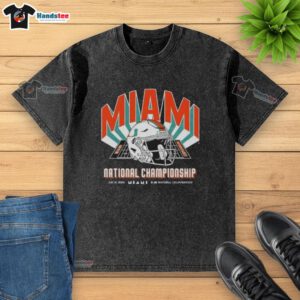 Premium Miami Hurricanes Team T-shirt featuring helmet design for 2026 CFP National Championship Game vs Indiana Hoosiers.