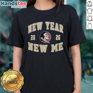 Alt Text: Pretty Florida State Seminoles Football New Year New Me 2026 logo on a stylish ladies tee shirt.