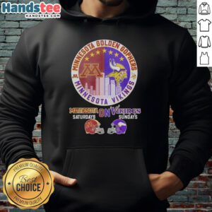 Alt Text: Minnesota hoodie featuring a mashup of Golden Gophers and Vikings helmet logos, perfect for game day style.