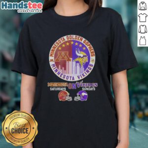 Pretty Minnesota Golden Gophers and Vikings helmet logo mashup on a ladies tee for game day style.