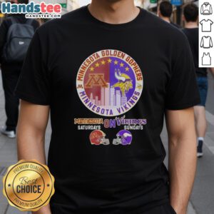Stylish mashup T-shirt featuring Minnesota Golden Gophers and Vikings helmet logos for game day excitement.