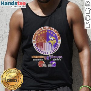 Alt Text: Stylish tank top featuring a mashup of Minnesota Golden Gophers and Vikings helmet logos, perfect for game day.