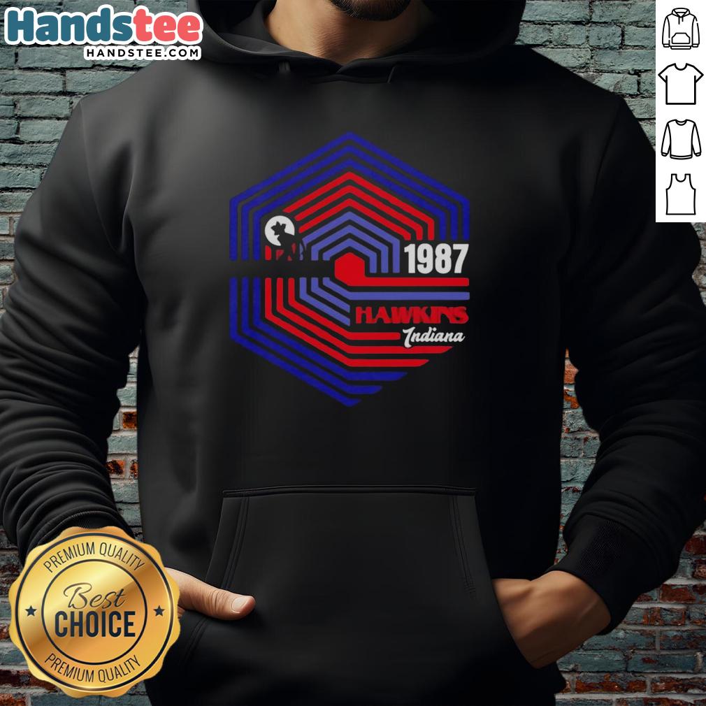 Alt Text: Pretty Stranger 1987 Stranger Things hoodie featuring Hawkins, Indiana design, perfect for fans of the series.