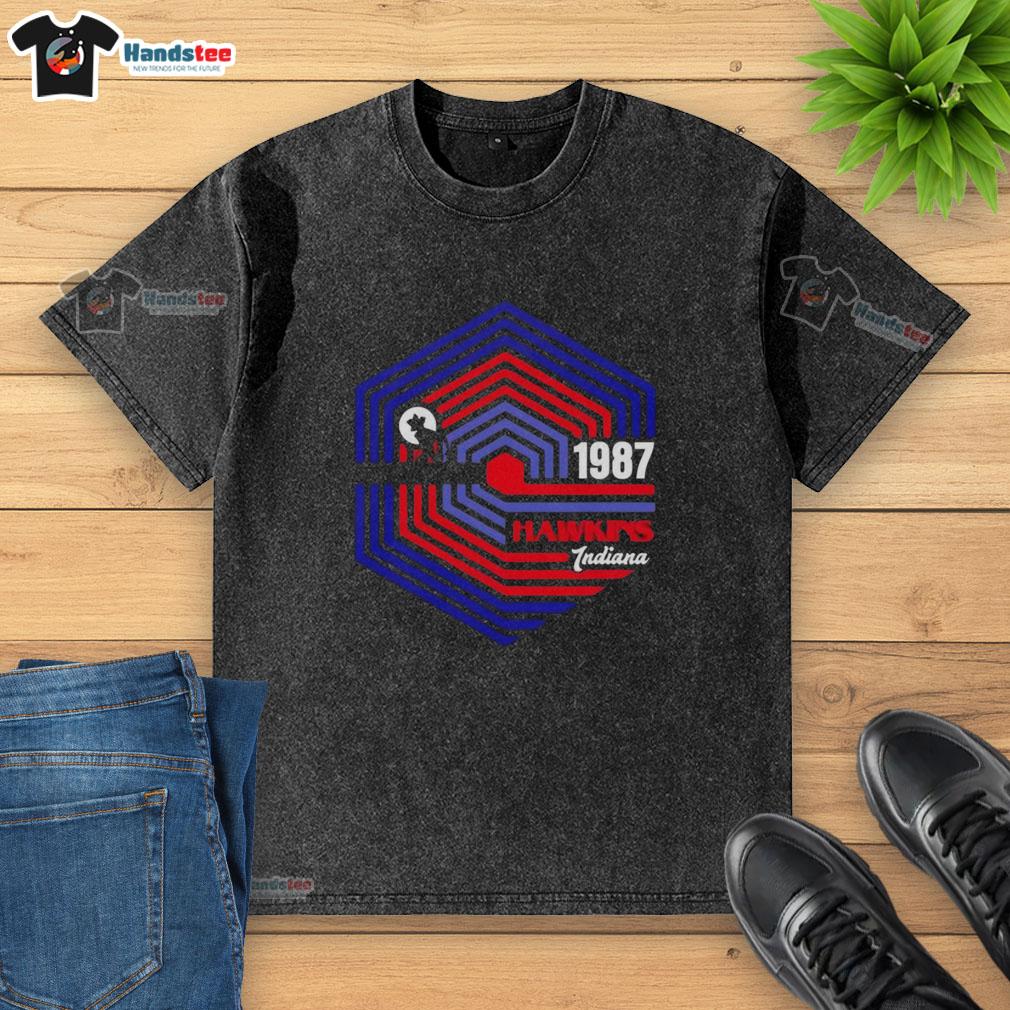 Alt Text: Vintage 'Pretty Stranger 1987' t-shirt featuring Hawkins, Indiana design inspired by Stranger Things series.