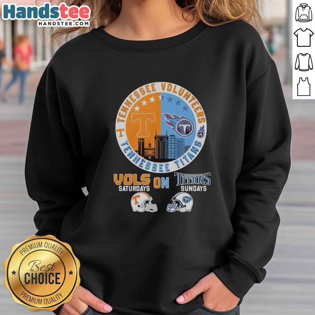 Stylish sweatshirt featuring a mashup of Tennessee Volunteers and Titans helmet logos for game day wear.