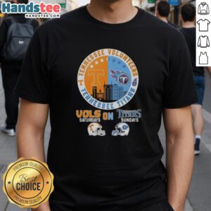Pretty Tennessee Volunteers and Titans helmet logo mashup T-shirt showcasing team spirit for Saturdays and Sundays.