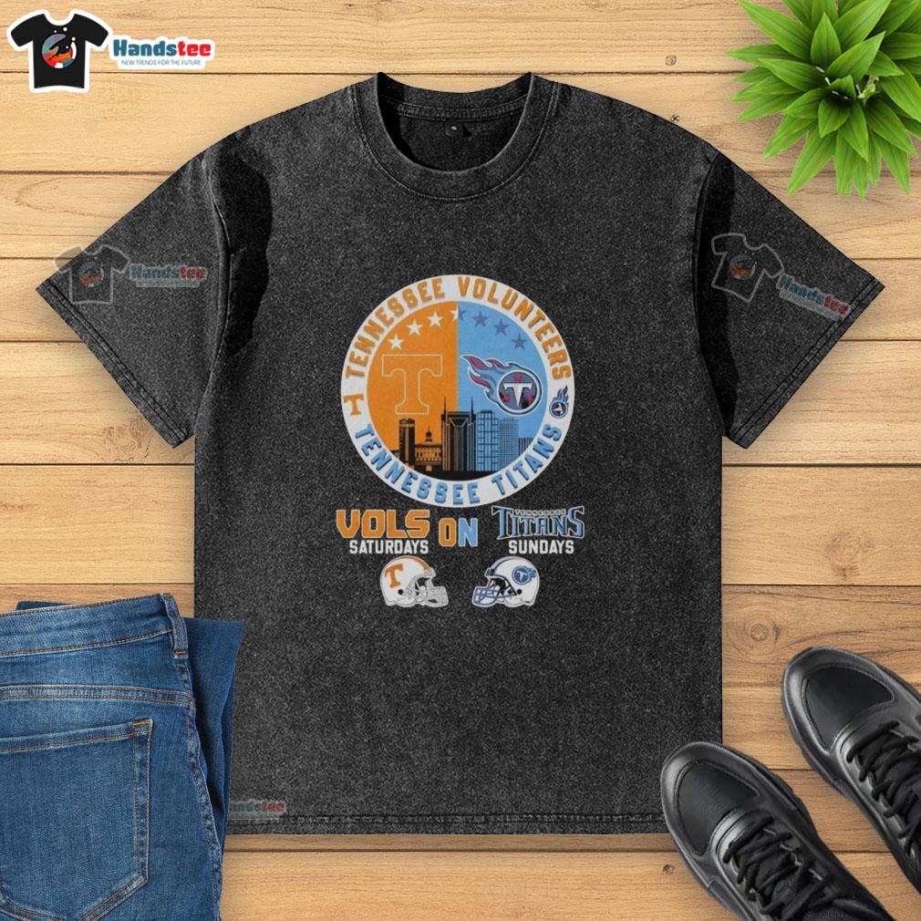 Alt Text: Washed t-shirt featuring a mashup of Tennessee Volunteers and Titans helmet logos for fans on game days.