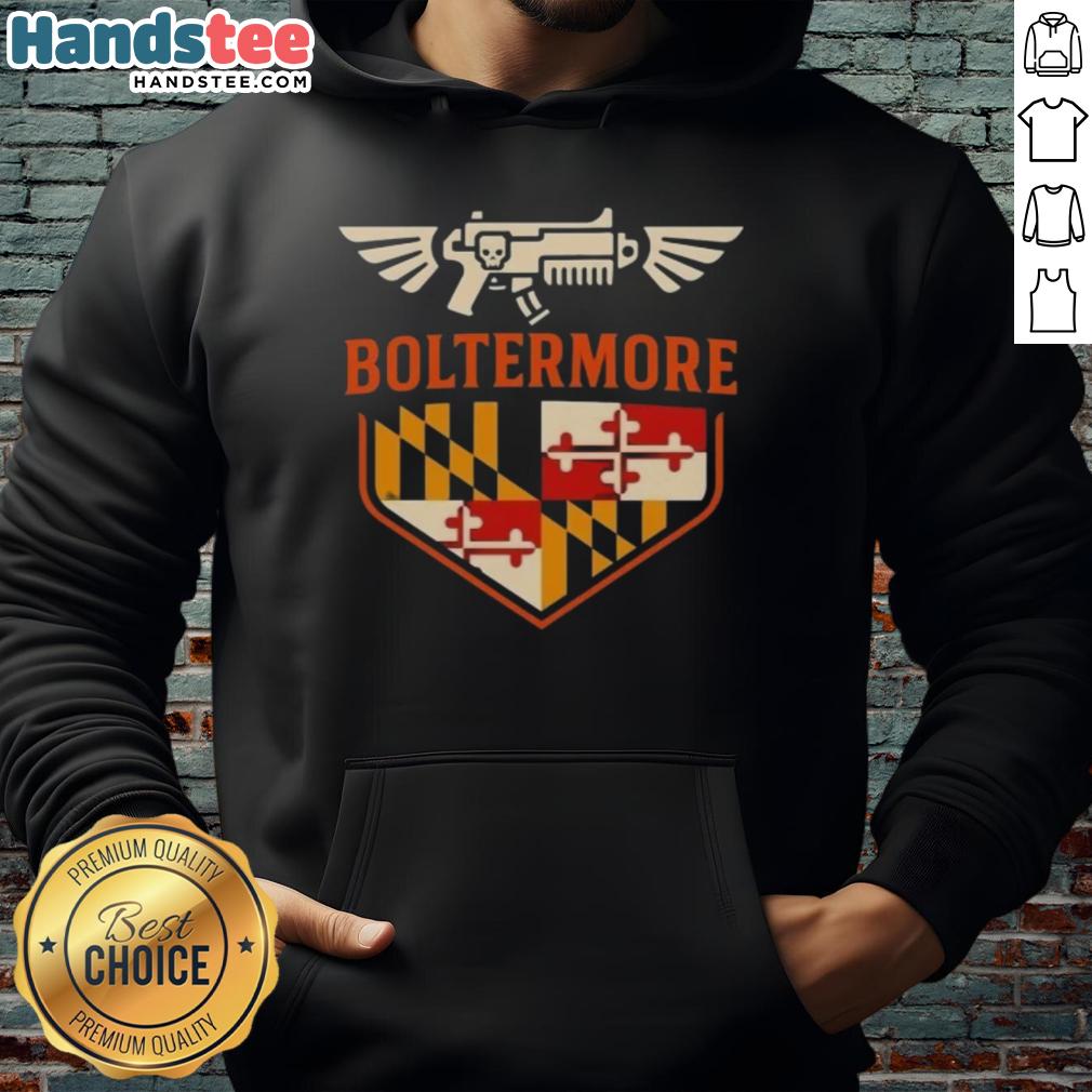 Top Boltermore Warhammer X Maryland Flag Logo Hoodie featuring vibrant design and cozy fit for fans.