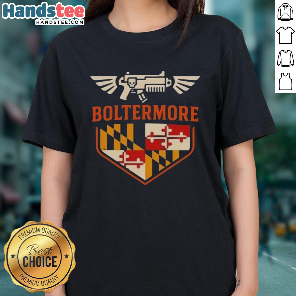 Top Boltermore Warhammer X Maryland Flag logo on a stylish ladies tee, perfect for gamers and fashion enthusiasts.