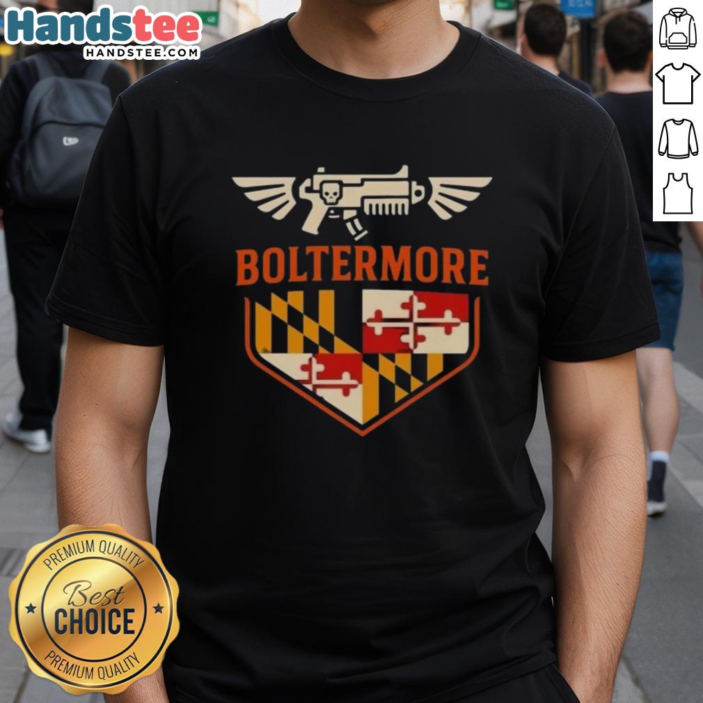 Alt Text: Top Boltermore Warhammer X Maryland Flag Logo T-Shirt featuring a unique design for fans of Warhammer and Maryland pride.