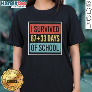 Top I Survived 6733 Days of School Ladies Tee featuring bold text on a stylish women's t-shirt design.