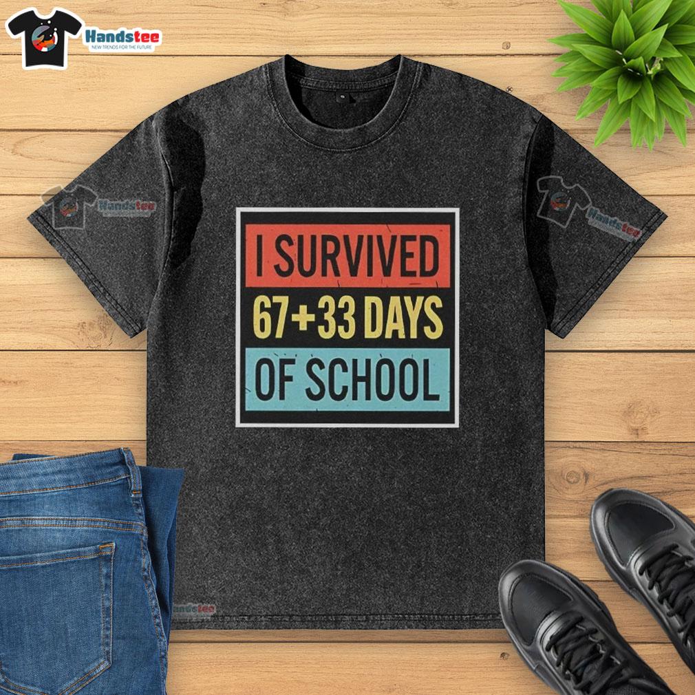 Alt Text: Top I Survived 6733 Days of School washed t-shirt displayed on a hanger, showcasing a fun academic milestone design.