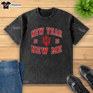 Alt Text: Top Indiana Hoosiers Football New Year New Me 2026 logo on a washed t-shirt, perfect for fans celebrating the season.