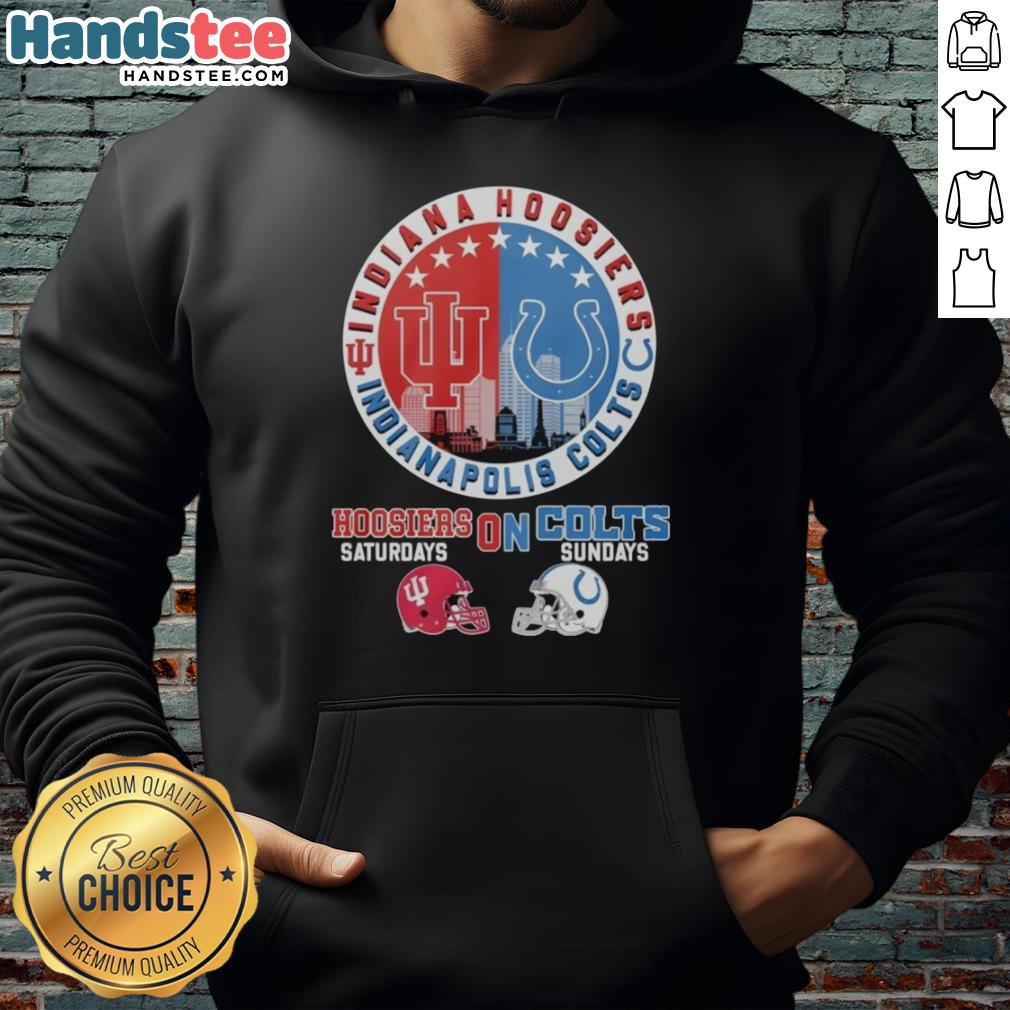 Alt Text: Top Indiana Hoosiers and Indianapolis Colts helmet logo mashup hoodie showcasing team spirit for game days.